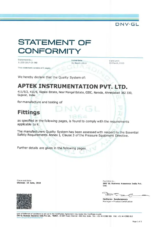 Certificate of Aptek Instrumentation