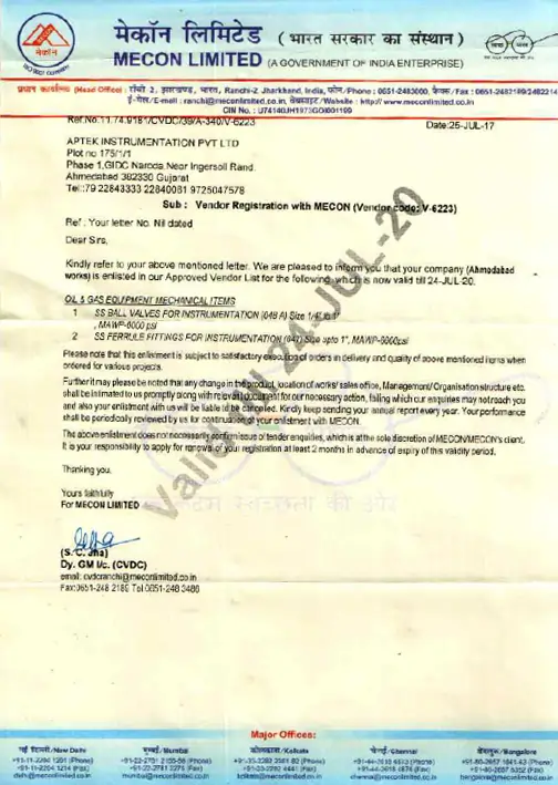 Certificate of Aptek Instrumentation